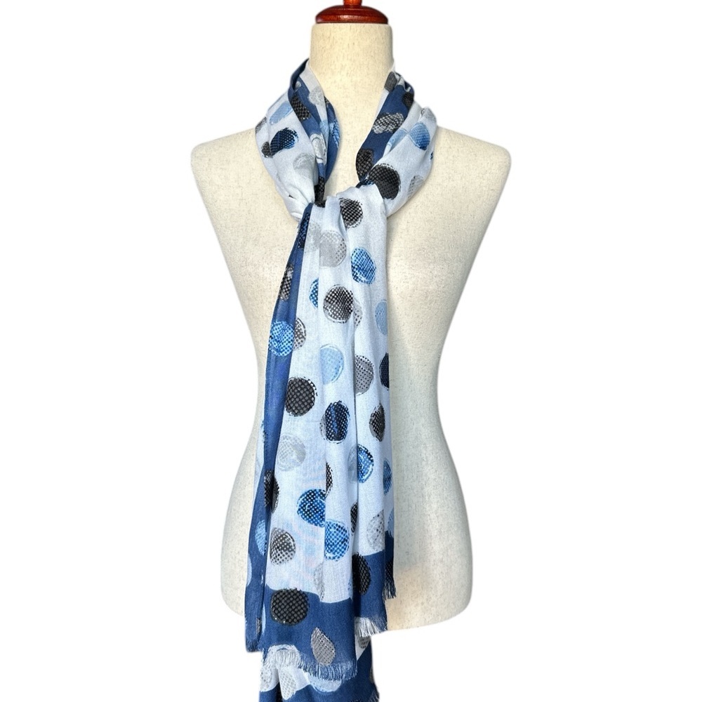 White House Black Market Blue Polka Dot Printed Scarf Fringe Edges Gift For Her - Picture 4 of 10